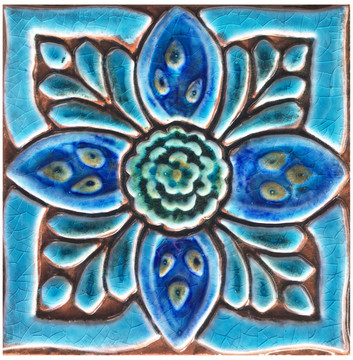 Turquoise handmade tile with decorative relief. Decorative tile handmade in Spain.