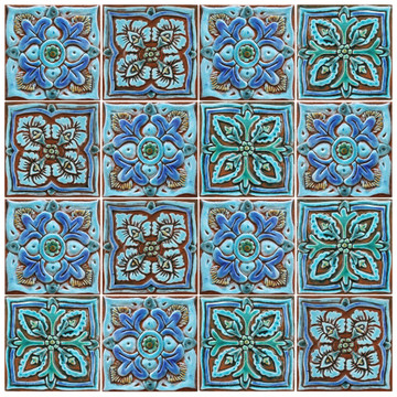 Turquoise handmade tile with decorative relief. Decorative tile handmade in Spain.