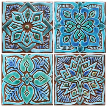 Turquoise handmade tile with decorative relief. Decorative tile handmade in Spain.