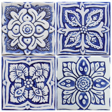 Blue and white handmade tile with relief for kitchens, bathrooms and outdoor wall art. Decorative tile handmade in Spain.