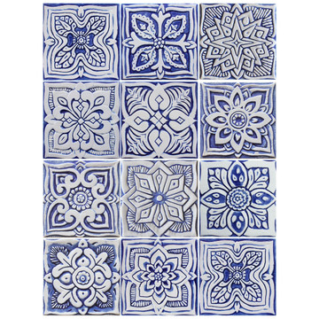 Blue and white handmade tile with relief for kitchens, bathrooms and outdoor wall art. Decorative tile handmade in Spain.