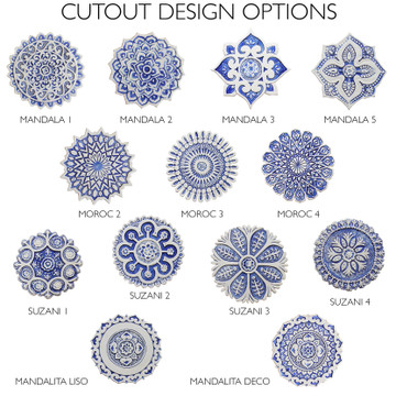 These circular handmade tiles make unique wall hangings for kitchens, bathrooms or outdoor wall art. Our blue and white decorative tiles can also be combined with our other circular tiles to make larger wall art installations.