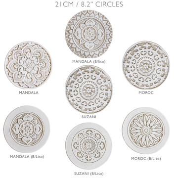 These circular handmade tiles make unique wall hangings for kitchens, bathrooms or outdoor wall art. Our beige and white decorative tiles can also be combined with our other circular tiles to make larger wall art installations.