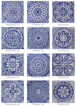 Blue and white handmade tile with relief. Decorative tile handmade in Spain.