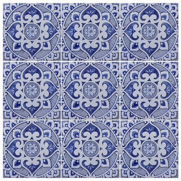 Blue and white handmade tile with relief. Decorative tile handmade in Spain.