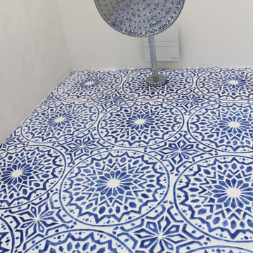 Luxury bathroom with blue and white handmade tile with relief. Decorative tile handmade in Spain.