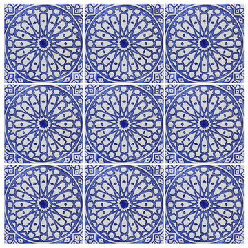 Blue and white handmade tile with relief. Decorative tile handmade in Spain.