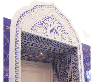 Luxury bathroom with blue and white handmade tile with relief. Decorative tile handmade in Spain.