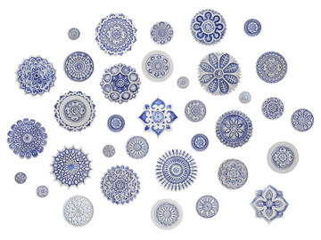 These circular handmade tiles make unique wall hangings for kitchens, bathrooms or outdoor wall art. Our blue and white decorative tiles can also be combined with our other circular tiles to make larger wall art installations.