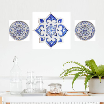 These circular tiles make beautiful outdoor wall art.  Blue and white wall hangings for kitchens, bathrooms and wall decor. Our decorative tiles can also be combined with our other handmade tiles to make larger wall art installations.