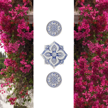 These circular tiles make beautiful outdoor wall art.  Blue and white wall hangings for kitchens, bathrooms and wall decor. Our decorative tiles can also be combined with our other handmade tiles to make larger wall art installations.