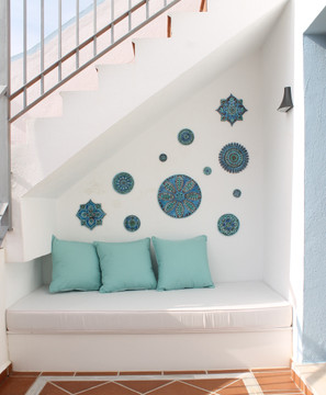 These circular tiles make beautiful outdoor wall art.  Blue and white wall hangings for kitchens, bathrooms and wall decor. Our decorative tiles can also be combined with our other handmade tiles to make larger wall art installations.