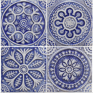 Handmade tile for kitchens, bathrooms and outdoor wall art. Decorative tile handmade in Spain. Relief tile glazed in blue and white.