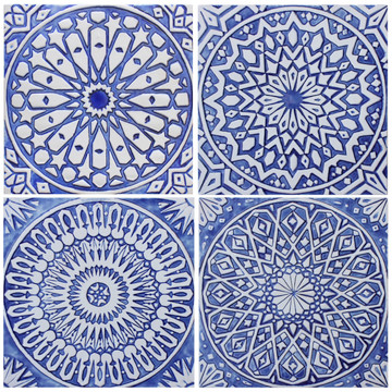 Handmade tile for kitchens, bathrooms and outdoor wall art. Decorative tile handmade in Spain. Relief tile glazed in blue and white.