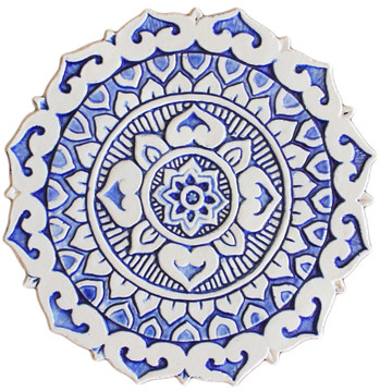 These circular tiles make beautiful outdoor wall art.  Blue and white wall hangings for kitchens, bathrooms and wall decor. Our decorative tiles can also be combined with our other handmade tiles to make larger wall art installations.