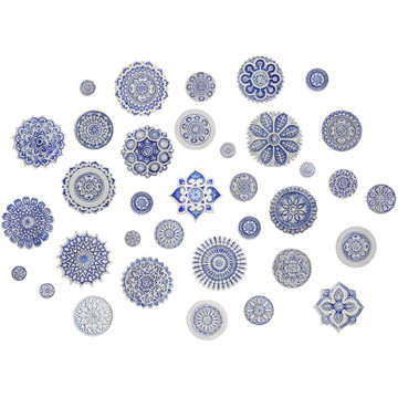 These circular tiles make beautiful outdoor wall art.  Blue and white wall hangings for kitchens, bathrooms and wall decor. Our decorative tiles can also be combined with our other handmade tiles to make larger wall art installations.