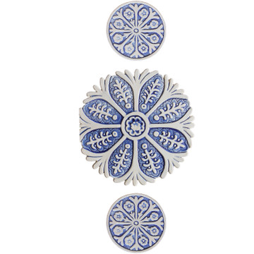 These circular tiles make beautiful outdoor wall art.  Blue and white wall hangings for kitchens, bathrooms and wall decor. Our decorative tiles can also be combined with our other handmade tiles to make larger wall art installations.