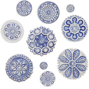 These circular tiles make beautiful outdoor wall art.  Blue and white wall hangings for kitchens, bathrooms and wall decor. Our decorative tiles can also be combined with our other handmade tiles to make larger wall art installations.