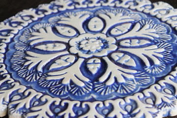 These circular tiles make beautiful outdoor wall art.  Blue and white wall hangings for kitchens, bathrooms and wall decor. Our decorative tiles can also be combined with our other handmade tiles to make larger wall art installations.