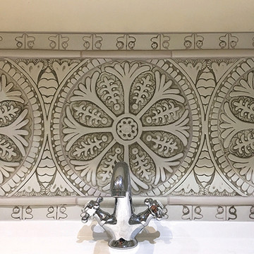 Handmade tile for kitchens, bathrooms and outdoor wall art. Decorative tile handmade in Spain. Relief tile glazed in beige and white.