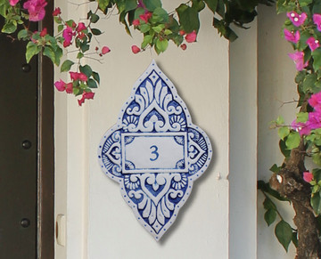 Handmade tile ceramic number plaque for house entrance.  Glazed in blue and white. Made in Spain.