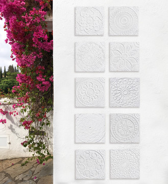 These handmade tiles are for kitchens and bathrooms.  These decorative tiles also make wonderful wall hangings and outdoor wall art.  Our white relief tiles are handmade in Spain.