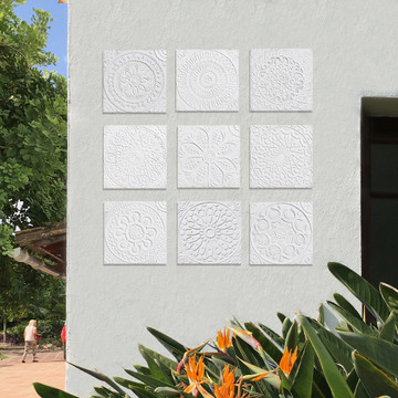 These handmade tiles are for kitchens and bathrooms.  These decorative tiles also make wonderful wall hangings and outdoor wall art.  Our white relief tiles are handmade in Spain.