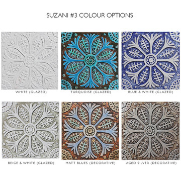 These handmade tiles are for kitchens and bathrooms.  These decorative tiles also make wonderful wall hangings and outdoor wall art.  Our white relief tiles are handmade in Spain.