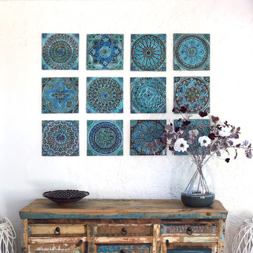 Outdoor wall art. Turquoise handmade tile with decorative relief. Large decorative tile with Suzani design.