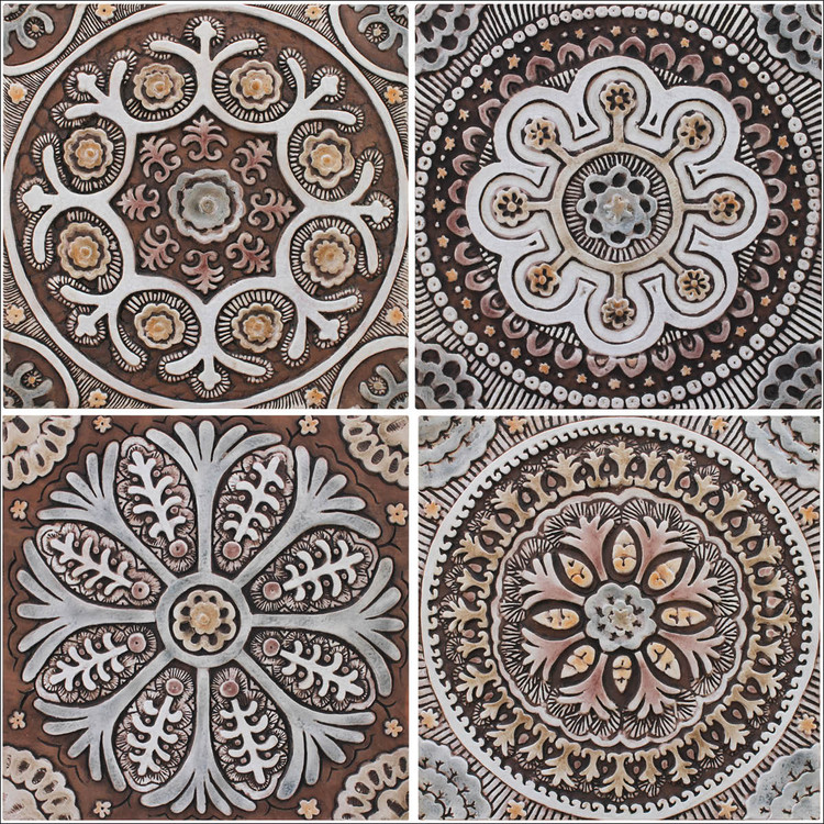 Handmade Tiles Set4 matt brown Suzani [30cm/11.8