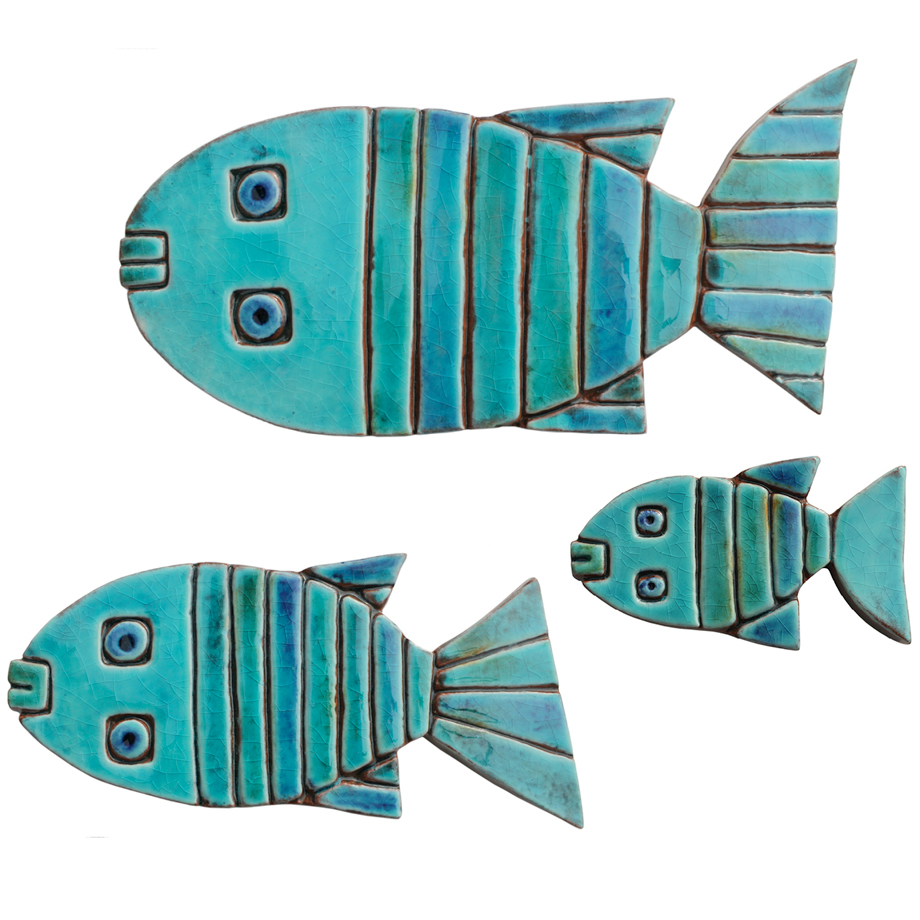 Ceramic Fish Wall Hangers - Set of 3 Shapes (Blue) - Hand Painted