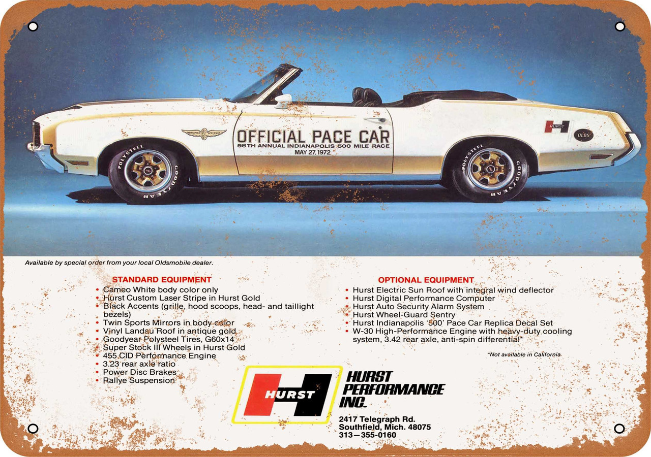 1972 Hurst Olds Pace Car Metal Sign