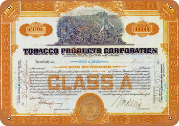 Tobacco Products Corp Stock Certificate - Metal Sign