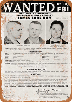 1968 James Earl Ray Wanted Poster - Metal Sign