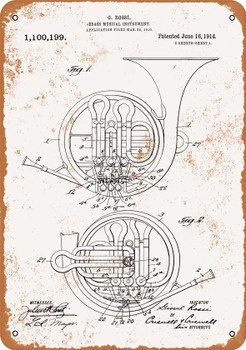 1914 Brass French Horn Patent - Metal Sign