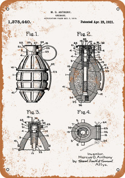 1921 Hand Grenade Patent - Metal Sign