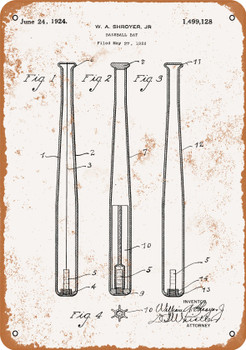 1924 Baseball Bat Patent - Metal Sign