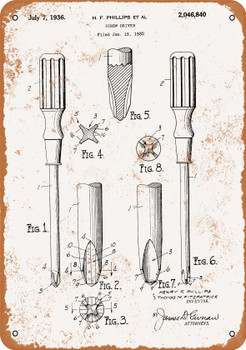 1936 Phillips Screw Driver Patent - Metal Sign
