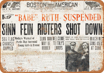 1917 Babe Ruth Suspended Headline - Metal Sign