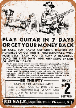 Play Guitar in 7 Days Comic Book Ad - Metal Sign