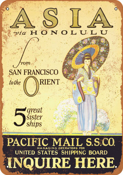 Pacific Mail Steamships Asia via Honolulu - Metal Sign