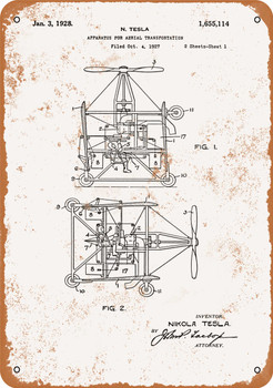 1928 Tesla Patent for Arial Transportation - Metal Sign