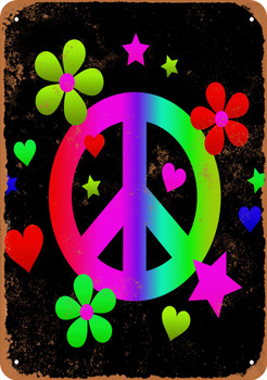 Rainbow Peace Sign and Flowers - Metal Sign