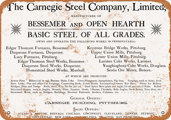 1896 Carnegie Steel Company - Metal Sign