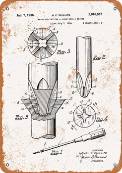 1936 Phillips Head Screwdriver Patent - Metal Sign