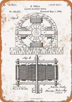 1888 Nicola Tesla Electro Magnetic Motor Patent - Metal Sign