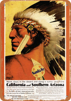 1930 Santa Fe Railroad to California and Arizona - Metal Sign