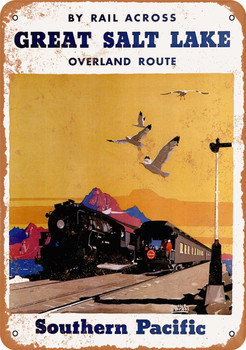 1927 Southern Pacific Railroad Overland Route Across Great Salt Lake - Metal Sign