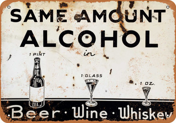 Same Amount of Alcohol Beer Wine Whiskey - Metal Sign