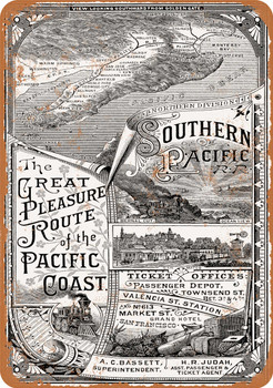 1885 Southern Pacific Railroad Great Pleasure Route - Metal Sign